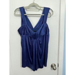 BCBGMaxazria Blouse Large Navy Satin Sleeveless Pleated Y2K Office Siren Club